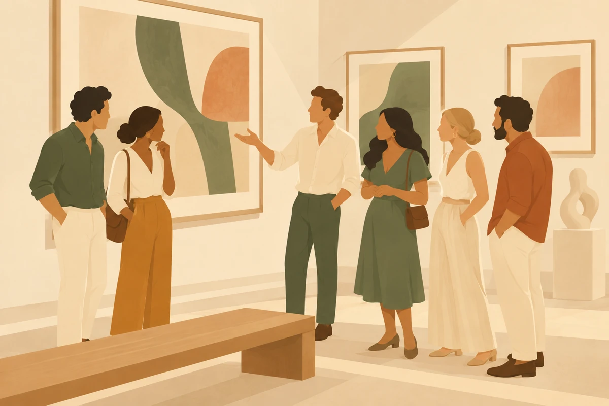 Ilustración de un grupo de amigos visitando una galería de arte