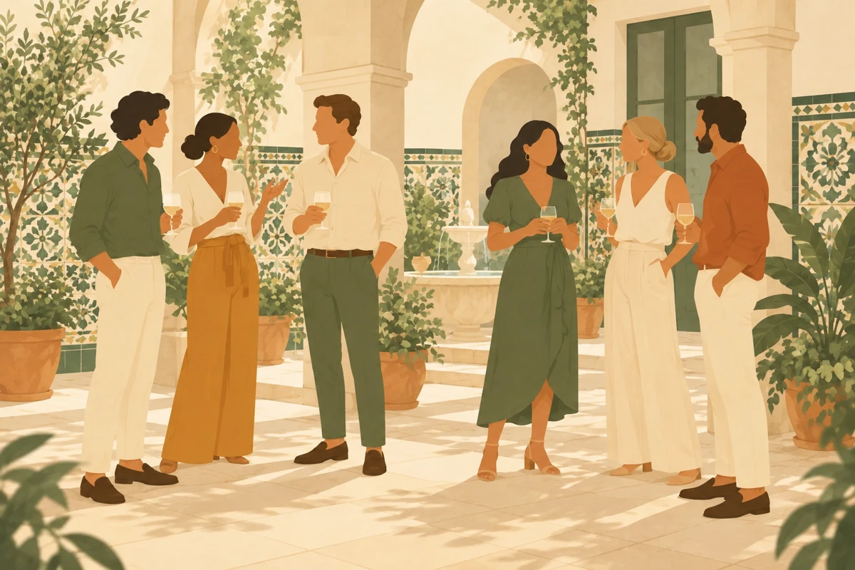 Ilustración de un grupo de amigos de pie charlando en un patio sevillano con azulejos